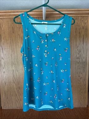 Floral Ribbed Teal Henley Tank Top